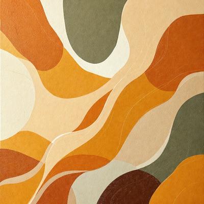 The primary subject of the image is a colorful, abstract artwork featuring a mix of orange, brown, and white colors. The setting is a wall, and the visual style appears to be a combination of digital art and illustration. The artwork has a vibrant and lively atmosphere, with the colors and patterns creating a dynamic and engaging visual experience.